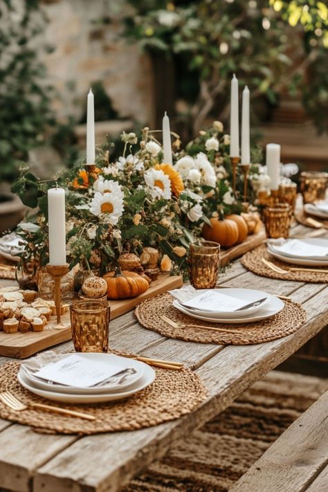 Looking for Thanksgiving table decor ideas? Check out these 15 eye catching Thanksgiving table decor ideas to WOW your guests! Amber Glasses Table Setting, Terracotta Thanksgiving Table, Green And Gold Thanksgiving Table, Elegant Thanksgiving Decor, Colorful Thanksgiving Table, Centerpieces For Dinner Party, Boho Thanksgiving Decor, Thanksgiving Plate Setting, Table Thanksgiving Decorations