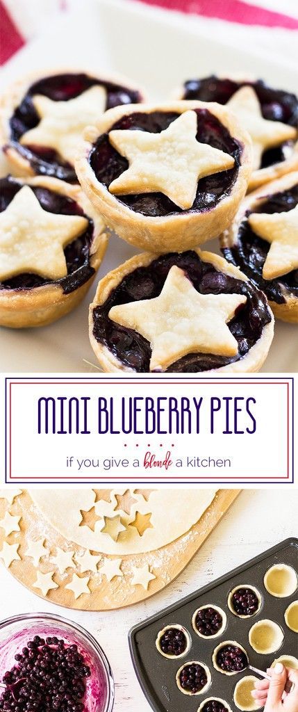 Mini blueberry pies are a delicious bite-sized treat. The star garnish makes the pies a patriotic dessert for Memorial Day or the Fourth of July! Maine Desserts, Mini Blueberry Pies, Blueberry Pies, Patriotic Desserts, Blueberry Pie, Blueberry Recipes, Mini Pies, The Fourth Of July, Easter Dessert