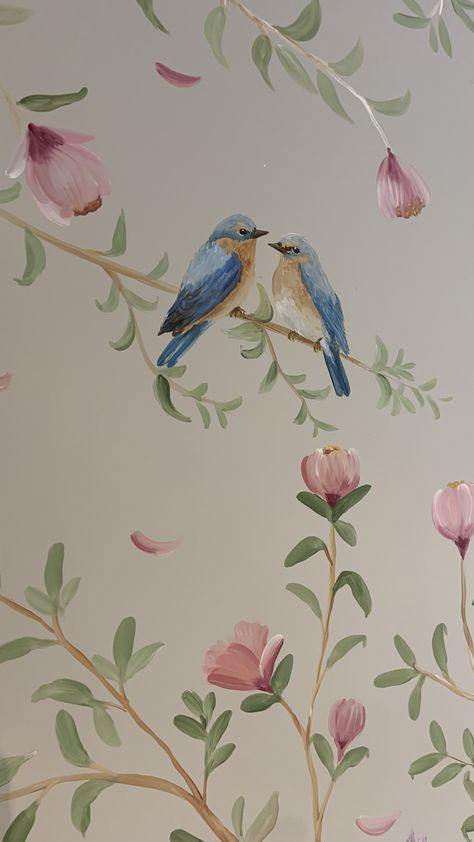 Bird Mural Wall, Hand Painted Walls Flowers, Floral Wall Mural Painting, Mural Dining Room, Bird Mural, Bird Painting Acrylic, Floral Mural, Birch Tree Art, Print Design Art