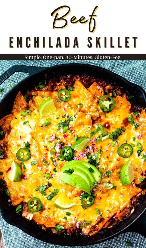 Take the hassle out of making enchiladas by preparing this simple ground beef enchilada skillet. This one-pan meal takes just 30-minutes to prepare and is gluten-free. Don't forget the toppings!!! #skilletmeals #beefenchiladaskillet #enchiladaskillet #beefenchiladas #easydinner