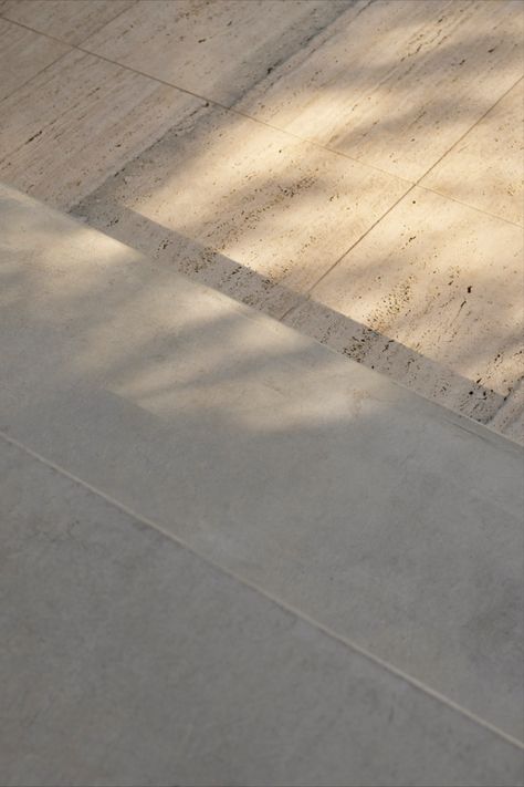 Concrete treads and Silver travertine pavers - a perfect combo Floor Detail, Travertine Flooring, Silver Travertine, Travertine Tiles, Travertine Pavers, Stone Building, Arabescato Marble, Stone Interior, Travertine Floors