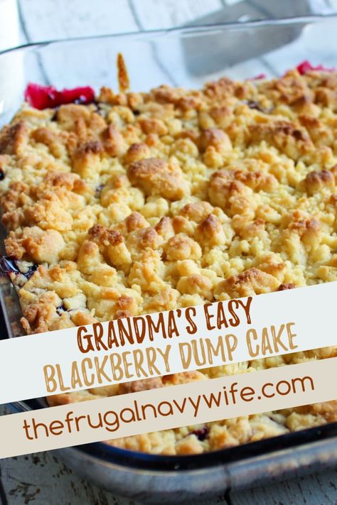 I have many dessert recipes but none are easier than Grandma's Easy Blackberry Dump Cake Recipe. Dump, mix, bake. Simple. 3 ingredients! YUM! #frugalnavywife #dumpcake #dumprecipe #desserts #easydesserts #grandmasrecipe #blackberryrecipe | Dump Cake Recipes | Easy Dessert Recipes | Cake Recipes | Fruit Recipes | 3 Ingredient Dessert Recipes | Grandmas Recipes | Dessert Recipes Dump Cake Recipes Easy, Cake Recipes Fruit, Blackberry Dump Cake, Dessert Recipes Cake, Hot Fudge Cake, 3 Ingredient Desserts, Dump Cake Recipe, Recipes Fruit, Homemade Strawberry Sauce