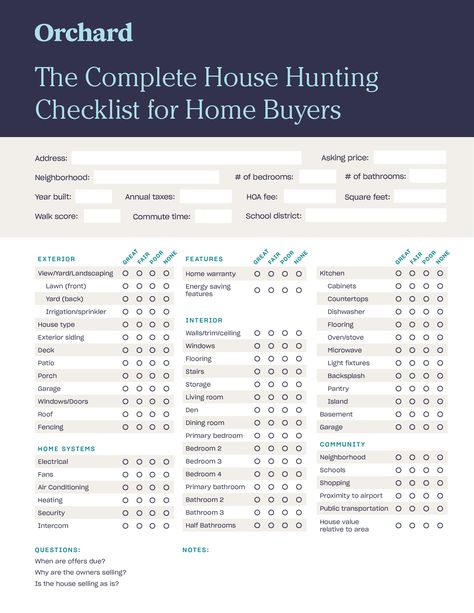 The Complete House Hunting Checklist | Free Printable List for Buyers - Orchard Real Estate Checklist Free Printable, House Hunting Checklist Free Printable, House Buying Checklist, Buying A House Checklist, Apartment Hunting Checklist, Hunting Checklist, House Hunting Checklist, Nursing Ideas, Moving Ideas