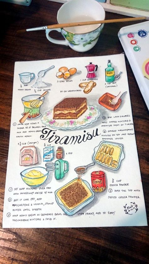 Collage Food Recipes, Recipe Book Design Ideas, Cook Books Aesthetic, Recipe Aesthetic Book, Illustrated Recipe Book, Recipe Book Illustration, Cook Book Design Diy, Tiramisu Drawing, Tiramisu Illustration