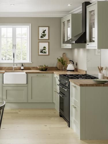 Chilcomb Sage Green Kitchen | Fitted Kitchens | Howdens Kitchen With Sage Cabinets, Sage Color Kitchen, Sage Green And Brown Kitchen, Sage Cottage Kitchen, Eggshell Kitchen, Tradition Kitchen, Sage Green Kitchen Cabinets Boho, Sage Green Cottage Kitchen, Sage Cabinets Dark Counter