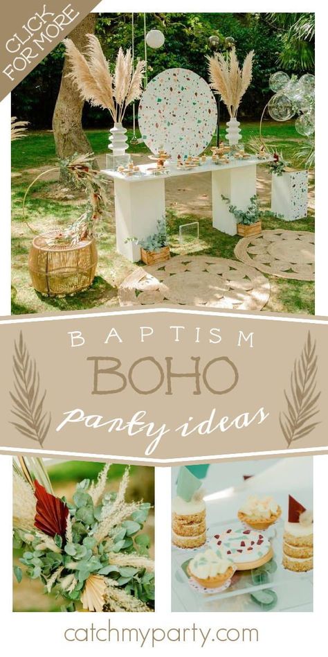 Take a look at this gorgeous garden boho baptism! The party food is amazing! See more party ideas and share yours at CatchMyParty.com Bohemian 21st Birthday Party, Boho Party Ideas Decoration, Boho Food Ideas, Adult Baptism Party Ideas, Boho Bday Party Ideas, Boho Chic Party Ideas Decoration, Boho Birthday Party Adult, Boho Party Food, Boho Baptism Decorations