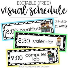 FREE * Use this editable visual schedule to create individual or whole group schedules for your classroom. What is included? • 20 editable visual schedule cards with pictures Cards measure 2.5"x8.3" in size. Mount on colorful paper Classroom Visual Schedule Free Printable, Free Class Schedule Printable Editable, Daycare Visual Schedule Free Printable, Classroom Schedule Cards Free Editable, Editable Visual Schedule Free, Free Schedule Template, Preschool Visual Schedule Free Printable, Preschool Visual Schedule, Visual Classroom Schedule