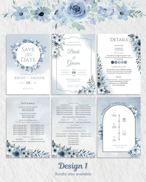 Tying the knot? 💍 Celebrate your love story with our dusty blue invitation. Purchase our Dusty Blue Wedding Invitation Template today and add more elegance to your special day! ✨ Pages Include: -Save the Date -Front (Invitation) -Entourage -Details -Wedding Timeline Bundle also available. Includes: -Invitation template (6 pages) -Proposal Card Template for Bridesmaid, Groomsmen, Principal Sponsors, maid of Honor, Best Man -Table Numbers -Money envelope (2 designs) -Thank you tags (3designs... 3 Page Wedding Invitation, Sample Of Wedding Invitation Cards, Sample Invitation Wedding, Invitation For Wedding Design, Dusty Blue Wedding Invitations Template, Wedding Invitation Entourage, Dusty Blue Invitations Wedding, Wedding Invitations Details, Canva Wedding Invitations