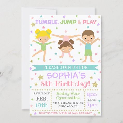 Gymnastics Invitation | Gymnastics Birthday Invite - tap, personalize, buy right now!  #gymnastics #invitation, #birthday, #invite, #girl Gymnastics Birthday Invitations Free, Gymnastics Birthday Party Invitations, Gymnastics Invitations, Gymnastics Birthday Invitations, Gymnastics Birthday Party, Boys Gymnastics, Gymnast Birthday Party, Birthday Invitation Card Template, Gymnastics Party