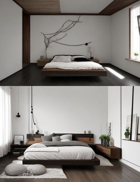 Japandi Dark Wood Bedroom, Minimalist Bedroom Dark Furniture, Dark Wood And White Bedroom, Room With White Curtains, Dark Brown Floor Bedroom, Dark Wooden Floor Bedroom, Dark Wooden Bedroom Ideas, Dark Wood Floor Bedroom Ideas, Brown Wood Bed Frame