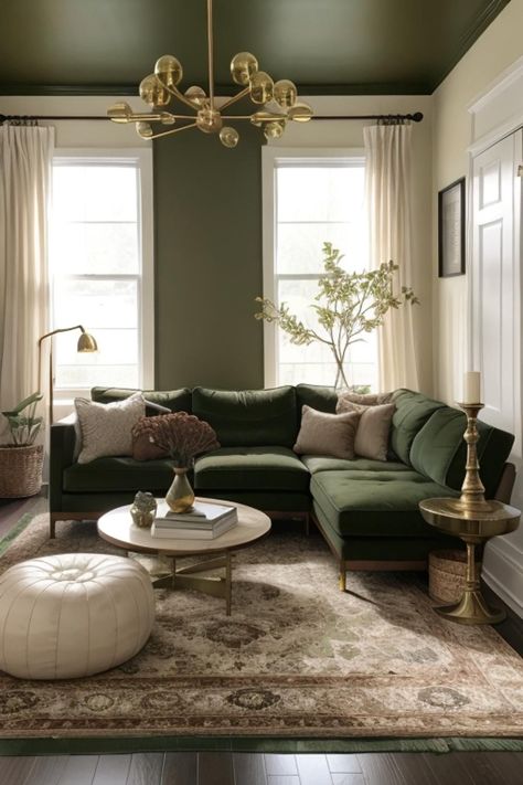 Colorful Living Room Designs, Brown And Green Living Room, Bay Window Sofa, Window Sofa, Color In Interior Design, Living Room Inspiration Cozy, Room Oasis, Green Couch Living Room, Olive Green Walls