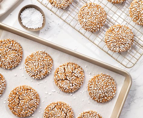 Pearl sugar saves the day again with these beautiful, polka-dotted ginger cookies. Acting as gorgeous decoration and a protective crunchy layer, pearlsugar helps make sure the cookies arrive to your far-flung loved ones in serious style. The molasses also helps the cookies stay fresher for longer, as the hygroscopic sugar keeps them moist. 5.0 from … Xmas Baking, Pearl Sugar, Ginger Biscuits, Cookies Bars, Bakery Box, Sale Ideas, Ginger Snap Cookies, Cookie Time, Ginger Cookies