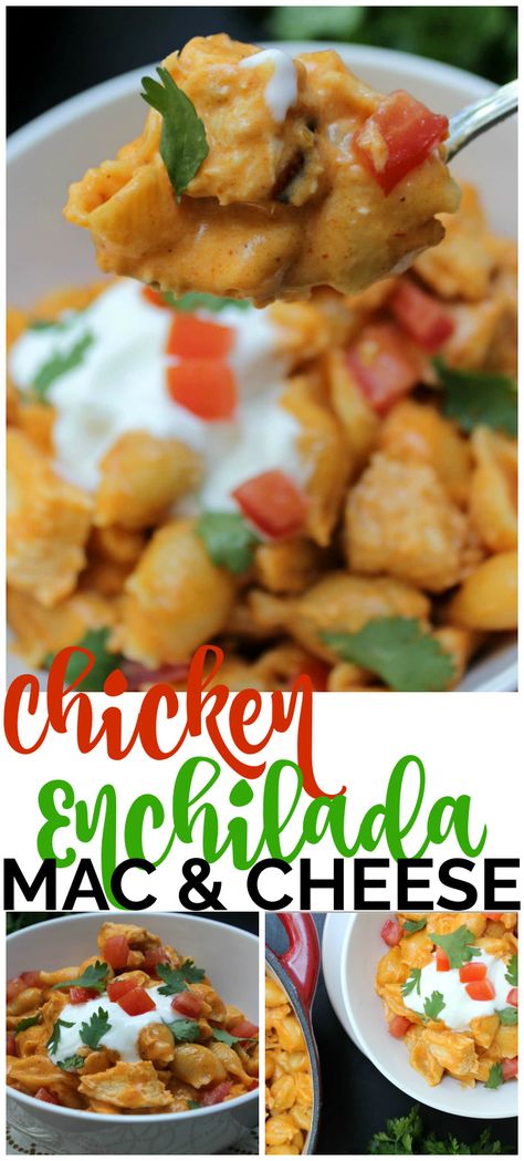 This Creamy Chicken Enchilada Mac & Cheese is a twist on two classics, made with a 3-cheese enchilada sauce and tossed with chicken and noodles. Chicken Enchilada Mac And Cheese, Enchilada Mac And Cheese, Cream Cheese Enchiladas, Chicken Mac And Cheese, Chicken And Noodles, Creamy Chicken Enchiladas, Cheese Enchiladas, Mac Cheese Recipes, Chicken Enchilada