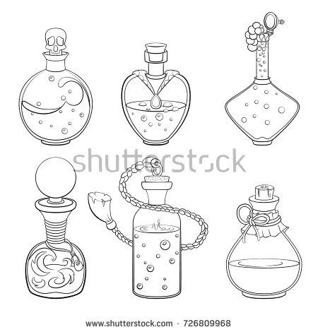 Potion Bottles Drawing, Bottles Drawing, Bottle Drawing, Bottle Tattoo, Magic Bottles, Potion Bottles, Outline Illustration, Witch Art, Flash Art