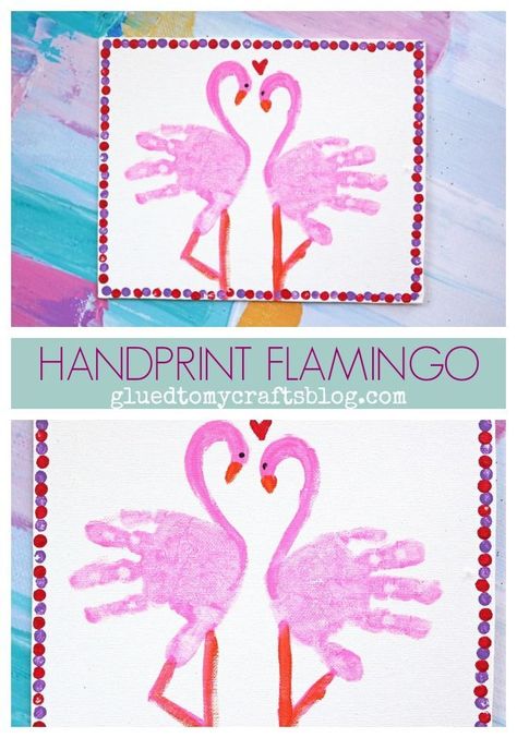 Handprint Flamingo - Valentine's Day Keepsake Kid Craft Idea Hand Print Art, Flamingo Canvas, Saint Valentin Diy, Valentines Bricolage, February Crafts, Footprint Crafts, Valentine's Day Crafts For Kids, Valentine Crafts For Kids, Toddler Valentines