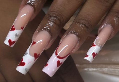 Valentine Day Nail Inspiration Valentine's Day Nails Acrylic Almond, Nail Inspo For Valentines Day, Almond Nails Designs Valentine, Coffin Valentine Nails Design, Valentine’s Day Almond Nails, Valentines Day Nails Long, Cutesy Nails, Nail Designs Valentines, Valentine Nails