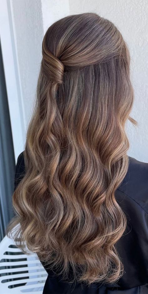 half up half down hairstyle, half up hairstyle, half up half down hairstyle ideas, half up medium length, half up long hair, simple half up Curly Pixie Hairstyles, Simple Bridesmaid Hair, Romantic Hairstyles, Dance Hairstyles, Shoulder Hair, Long Hai, Half Up Half Down Hair, Half Up Hair, Hair Game