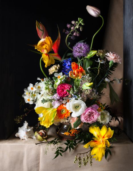 Composition with Seashell by LFS Dutch Masters Flowers, Spring Flower Arrangements, Dutch Masters, Spring Floral Arrangements, Dutch Golden Age, Flower School, Photorealism, Floral Display, Arte Floral