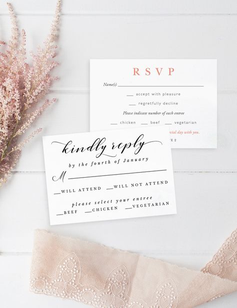 Ideas for Wedding RSVP wording! Read wedding RSVP wording samples for casual weddings, formal weddings, and more -- plus basic RSVP etiquette.. Wedding Invitation Rsvp Wording, Rsvp Wedding Cards Wording, Wedding Rsvp Wording, Wedding Invitations Examples, Rsvp Wording, Wedding Rsvps, Wedding Reply Cards, Wording Ideas, Invitation Examples