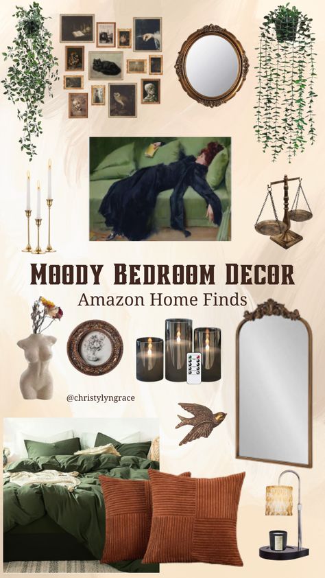 Moody bedroom home decor Dark Vintage Bedroom Aesthetic, Dark Forest Aesthetic Bedroom, Botanical Old World Aesthetic, Bedroom Dark Aesthetic, Dark Earthy Aesthetic, Vintage Bedroom Inspiration, Dark Academia Nature Room, Vintage Moody Bedroom, Dark Botany Aesthetic