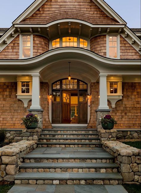 Country Abode | TMS Architects Portico Design, Cement Siding, Shingle Style Homes, Shingle Exterior, Ranch Style House Plans, Cottage Exterior, Butterfly House, Tudor House, Fiber Cement