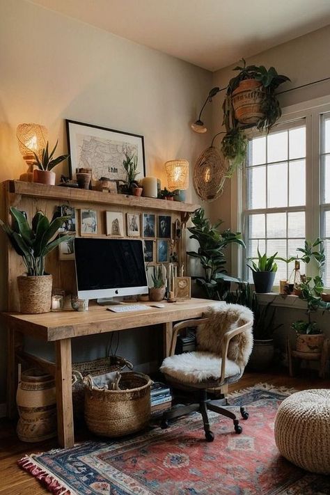 Woodsy Office Ideas, Boho Writing Desk, Feminine Office Space Bohemian, Moody Boho Home Office, Home Office Design Wallpaper, Spanish Home Office, Work From Home Office Design, Bohemian Home Office Decor, Feminine Home Office Classy Bohemian