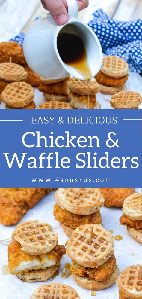 Waffles Birthday Party, Mini Chicken Waffle Sliders, Kid Brunch Ideas, Chicken And Waffles Recipe Easy, Chicken Waffle Bites, Chicken And Waffles Brunch, Chicken Waffle Sliders, Chicken And Waffle Sliders, Mini Chicken And Waffles