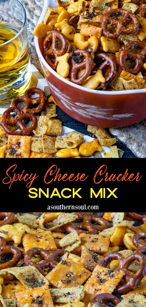 Cracker Mix Recipes, Bakery Snacks, Spicy Pretzels, Spicy Crackers, Fall Snack Mixes, A Southern Soul, Trail Mix Recipes, Spicy Cheese, Chex Mix Recipes