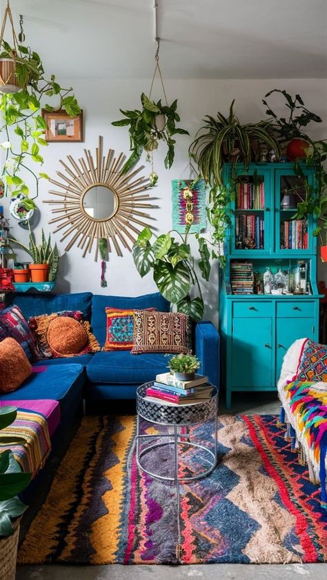 Boho Maximalist Home Decor, Colourful Maximalism, Deep Blue Sofa, Maximalist Furniture, Balcony Vibes, Cozy Boho Living Room, Boho Balcony, Boho Bungalow, Funky Living Rooms