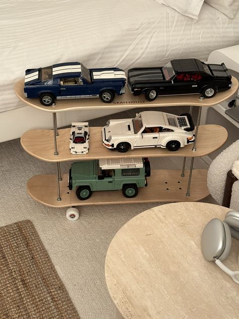 X Legos Display Ideas, Shelf For Legos, Car Room Decor Men, Men Dorm Room, Lego Car Display, Streetwear Bedroom Ideas, Car Guy Room, Lego Car Display Ideas, Lego Decorations Room