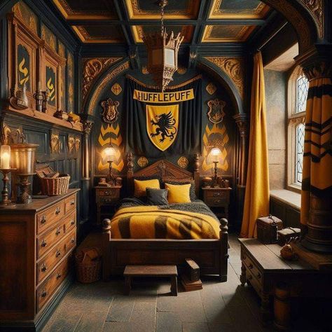 Hufflepuff Room Decor, Farmhouse Boys Bedroom, Harry Potter Interior Design, Hufflepuff Bedroom, Hufflepuff Room, Hogwarts Bedroom, Hogwarts Visuals, Hogwarts Room, Hufflepuff Common Room