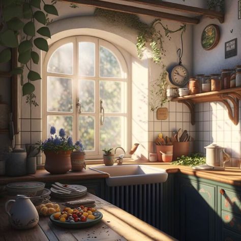 Snow White Kitchen Snow White Cottage Aesthetic, Ghibli Kitchen Aesthetic, Green Wood Kitchen, Cozy Kitchen Cottage, Anime Kitchen, Disney Decor Bedroom, Fairy Kitchen, Kitchen Style Ideas, Hobbit Style