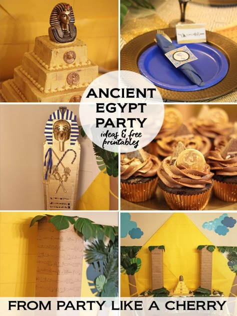 Ancient Egypt Party Ideas - Party Like a Cherry Ancient Egypt Party Theme, Egyptian Party Decorations Diy, Ancient Egypt Party Food, Ancient Egypt Decor, Egyptian Centerpieces, Egyptian Themed Party Food, Egypt Party Ideas, Ancient Egypt Birthday Party, Egyptian Party Food