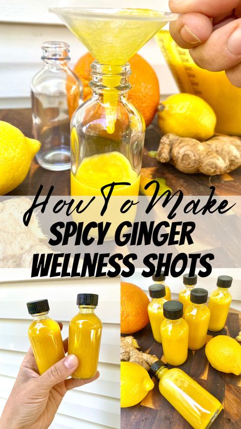 How To Make Spicy Ginger Wellness Shots - Cooking on Sunshine Ginger Wellness Shots, Ginger Shot Recipe, Turmeric Shots, Healthy Juice Drinks, Herbal Remedies Recipes, Turmeric Recipes, Wellness Shots, Lemon Ginger, Shot Recipes