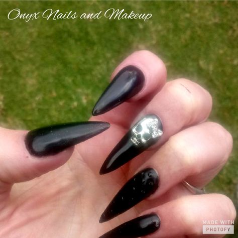 Black sculpted stilletos with some nail jewels  Done at Onyx Nails & MakeupSA Onyx Nails, Nail Jewels, Silver Nails, Onyx, Nails, Silver, Beauty, Black