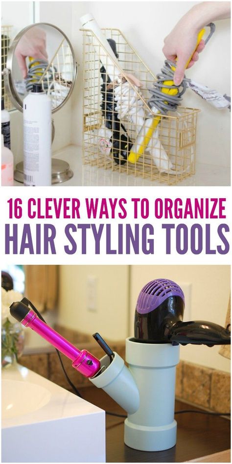 16 Clever Ways to Organize Hair Styling Tools Makeup Organizing Hacks, Hair Tool Storage, Tool Organization Diy, Diy Makeup Organizer, Curling Iron Holder, Wand Organizer, Hair Tool Organizer, Makeup Organization Diy, Makeup Organization Vanity