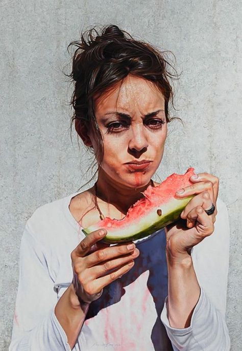 Watermelon Woman, Eating Watermelon, Painting People, Watercolor Portrait, Arte Inspo, Realism Art, Hyperrealism, Watercolor Inspiration, Anatomy Art