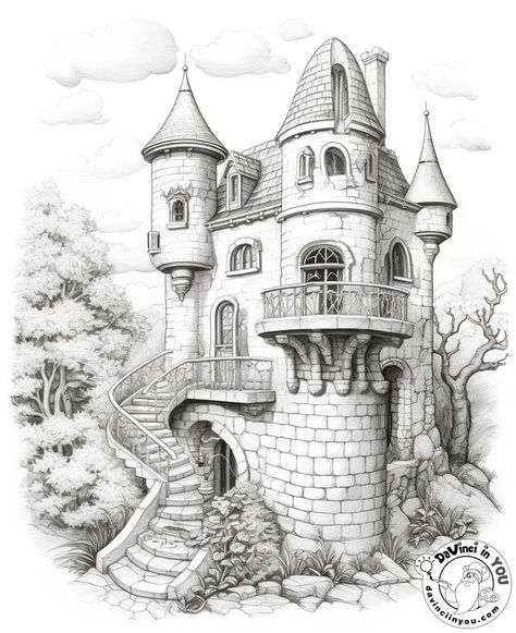 Old Castle Drawing, Free Printable Pictures, Building Drawings, Free Adult Coloring Printables, Storybook House, Castle Drawing, Large Houses, Adult Colouring Printables, Old Castle