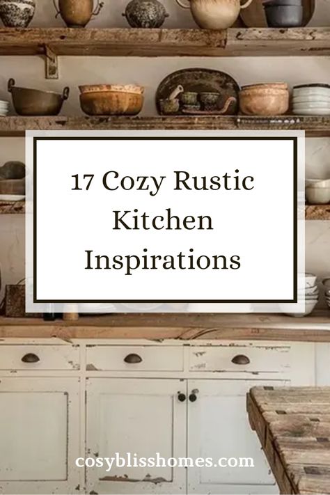 Looking to transform your kitchen vibe? Check out these 17 cozy rustic kitchen inspirations that you can bring to life today! From the warmth of open shelving to curated vintage decay, each idea perfectly blends comfort and style. Imagine rustic lighting fixtures illuminating your space and exposed beams adding charm and character. Whether you're a fan of modern countryside vibes or try to mix different styles, these ideas will definitely make your kitchen the talk of family gatherings. Let’s get making decisions for your restful haven! Rustic Kitchen Shelves Farmhouse Style, Wood Kitchen Cabinets With White Countertops, White Cabin Kitchen, Kitchen Counter Farmhouse Decor, Earthy Kitchen Decor Ideas, Rustic Kitchen Color Ideas, Country Kitchens Farmhouse Rustic, Vintage Farmhouse Kitchen Decor, Vintage Kitchen Light Fixtures