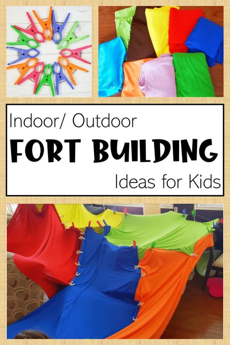 There are 3 pictures in the pin.  The top two images show plastic clips and the other is colorful fabrics.  At the bottom is an example of a homemade fort.