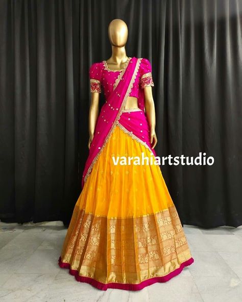 Long Kurta Designs, Pink Half Sarees, Indian Dress Up, Half Saree Function, Sarees For Girls, Bridal Sarees South Indian, Long Frock Designs, Half Saree Lehenga, Long Gown Design