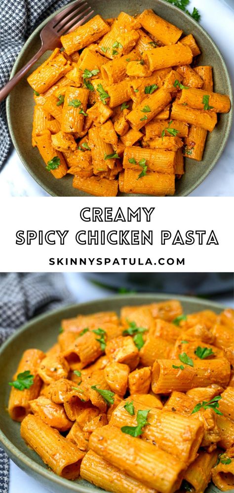 This easy creamy spicy chicken pasta is comfort food at its best. It’s a very simple chicken pasta recipe that you can throw together in 30 minutes for a creamy dinner with a bit of a kick. Chicken Pasta Crockpot Recipes, Pasta Crockpot Recipes, Pasta Bake Chicken, Creamy Spicy Chicken, Baked Chicken Pasta, Chicken Pasta Dinner, Spicy Pasta Recipes, Spicy Chicken Pasta, Chicken Pesto Sandwich