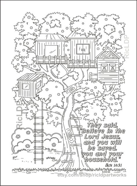 Acts 16:31 Coloring Page #treehouse #adultcoloring #biblecoloring #BookofActs Tree House City, Tree House Coloring Pages, House Coloring Pages, Acts Of The Apostles, Mindfulness Art, Coloring Posters, Acts 1, House Colouring Pages, Mario Coloring Pages