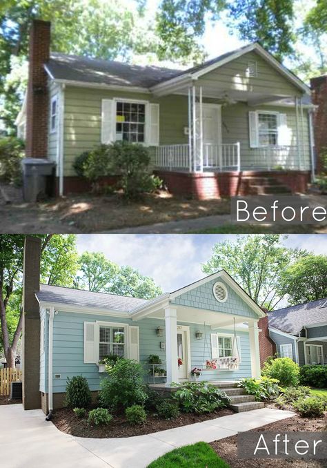 Before and after of our 1940's bungalows exterior  #baystreetbungalows #houseflip #remodel #bungalow #beforeandafter Front House Curb Appeal Ideas, Awning Before And After, Small White House Curb Appeal, Curb Appeal On A Budget Before And After, Modular Home Curb Appeal, House Flip Before And After, Faux Dormers Before And After, Planting Along Sidewalk, Curb Appeal Small House