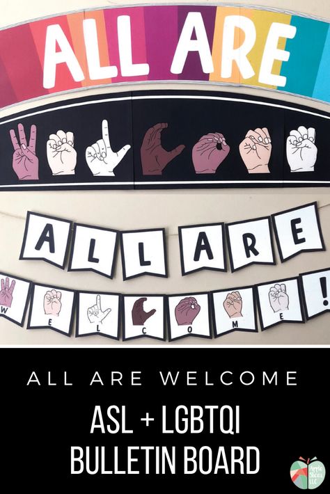 This is a great bulletin board display for your welcoming, inclusive classroom! This bulletin board includes ASL clip art to spell out the phrase "Welcome", as well as a rainbow banner to show support to your LGTBQI students. You can increase how warm and welcoming your classroom is with this bulletin board set! Sign Language Poster, Resident Assistant Bulletin Boards, Language Poster, College Bulletin Boards, Rainbow Banner, Inclusive Classroom, Deaf Education, Ra Bulletin Boards, Teaching Posters