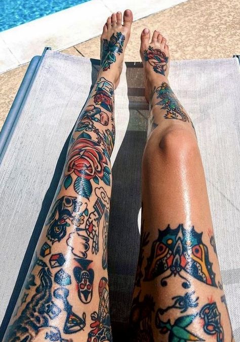 Traditional Tattoo Knee, Traditional Thigh Tattoo, Traditional Tattoo Leg Sleeve, Traditional Tattoo Woman, Old School Tattoos, Traditional Tattoo Inspiration, Princess Tattoo, Traditional Tattoo Sleeve, Leg Tattoos Women