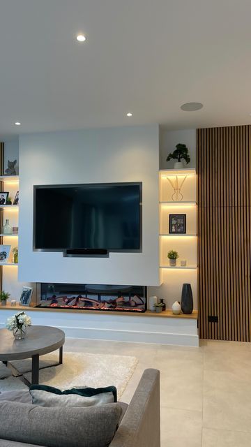 Media Wall And Panelling, Living Room Media Wall Ideas With Fireplace, Media Wall Panelling, Media Wall With Real Fireplace, Media Wall Panelling Ideas, Panelled Walls Living Room Tv, Media Wall With Wood Panelling, Media Wall With Panelling, Electric Fireplace Tv Wall