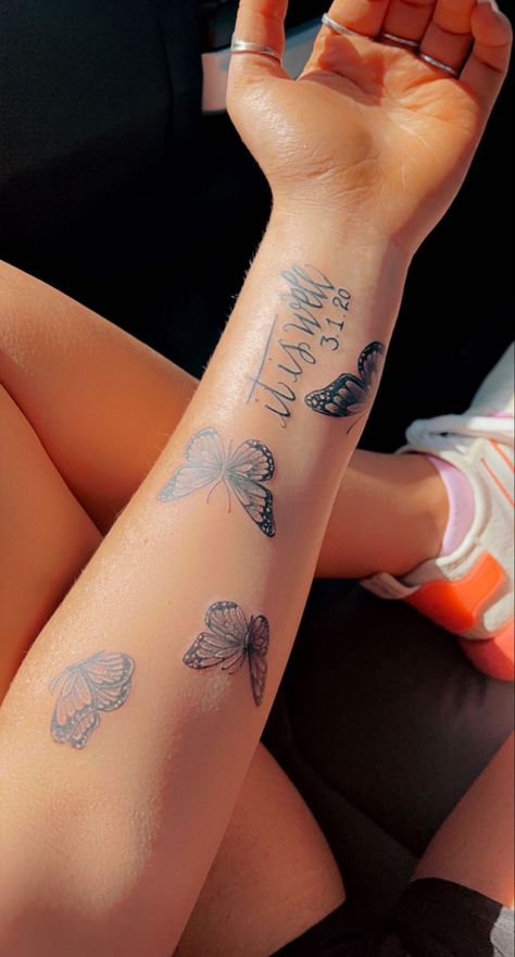 Sentimental Butterfly Tattoos, Butterfly Tattoo Black Women Arm, Tattoo Ideas Female Arms Butterfly, Cute Arm Sleeve Tattoos, Butterfly With Birthday Tattoo, Butterfly With Bible Verse Tattoo, Tattoo Ideas Teen Girl, Give Yourself Time Tattoo Butterfly, Butterfly And Words Tattoo