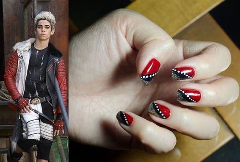 Cameron Boyce as his character Carlos De Vil from Disney's Descendants accompanied by a photo of red, silver and black nail art Descendants Carlos, Carlos Descendants, Descendants Evie, Disney Inspired Nails, Themed Nails, Black Nail Art, Nail Art Disney, Inspired Nails, Pretty Nail Designs