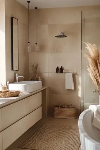 ↑↑↑ Larger size on website 🔸 The image shows a modern bathroom with beige tiles and a natural aesthetic. The bathroom features a Beige Neutral Bathroom, Beige Tiles Bathroom, Bathroom With Beige Tile, Neutral Bathroom Ideas Earth Tones, Nude Bathroom, Beige Bathroom Tiles, Sand Bathroom, Large Tile Bathroom, Bathroom Beige